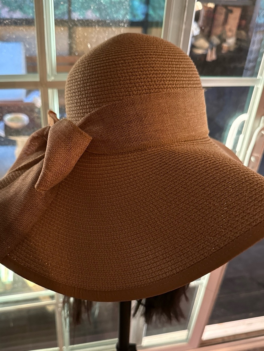 Women Oversized Wide Brim Straw Sun Hat with Burlap Bow Tan Visor Beachy Resort